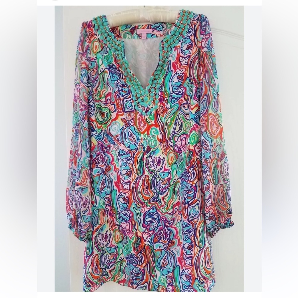 Lilly Pulitzer Saemus What A Catch Beaded Silk Tunic Resort Mini Dress